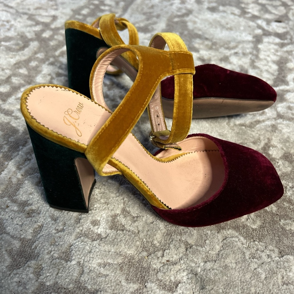 J. Crew Color-Block Velvet Harlow Ankle Strap Pumps